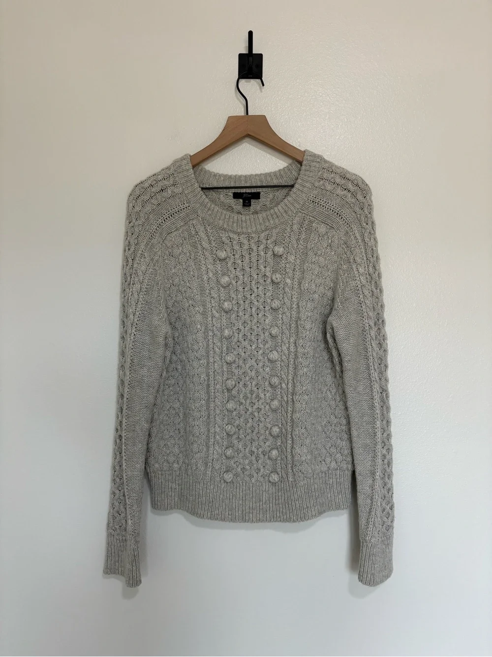 J. Crew Pom-Pom Cable Knit Lambswool Crewneck Pullover Sweater Grey Medium